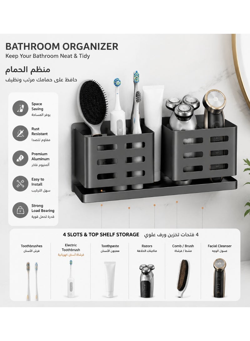 Wall Mounted Bathroom Organizer, Aluminum Toothbrush Holder with 4 Slots and Storage Shelf, Rust Resistant Bathroom Rack for Toothbrush, Toothpaste, Razor and Comb, No Drill Installation - Image 4