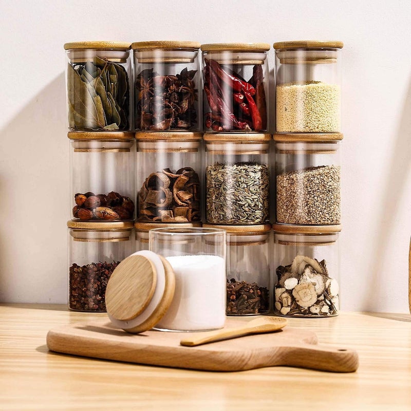 ARUZEN 12Pc Airtight Glass Jars Set 250ml Small Spice Storage Containers Set With Bamboo Lid Kitchen Spice Canister Jars For Cinnamon Herbs Cumin Spices - Image 4