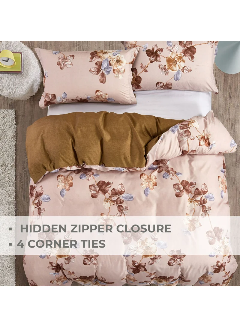 Donetella Duvet Set 3-Pcs Single Size Printed Reversible Bedding Comforter Covers With Hidden Zipper Closure And Corner Holders(Without Duvet Filler/Insert),Brown/Burgundy
