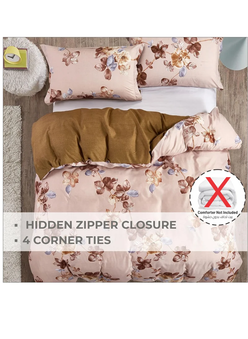 Donetella Duvet Set 3-Pcs Single Size Printed Reversible Bedding Comforter Covers With Hidden Zipper Closure And Corner Holders(Without Duvet Filler/Insert),Brown/Burgundy