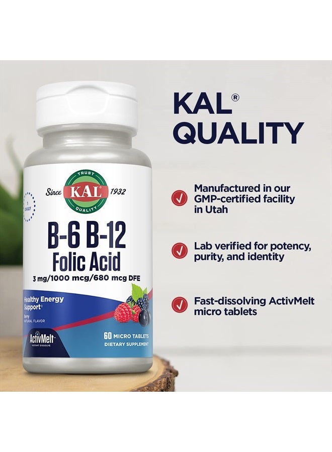 KAL Vitamin B-6, B-12 & Folic Acid Supplement, Heart Health, Energy & Red Blood Cell Support*, with Vitamin B12 Methylcobalamin & Folate, Natural Berry Flavor, 60 Servings, 60 ActivMelt Micro Tablets - Image 5