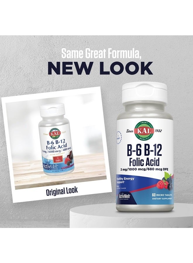 KAL Vitamin B-6, B-12 & Folic Acid Supplement, Heart Health, Energy & Red Blood Cell Support*, with Vitamin B12 Methylcobalamin & Folate, Natural Berry Flavor, 60 Servings, 60 ActivMelt Micro Tablets - Image 2