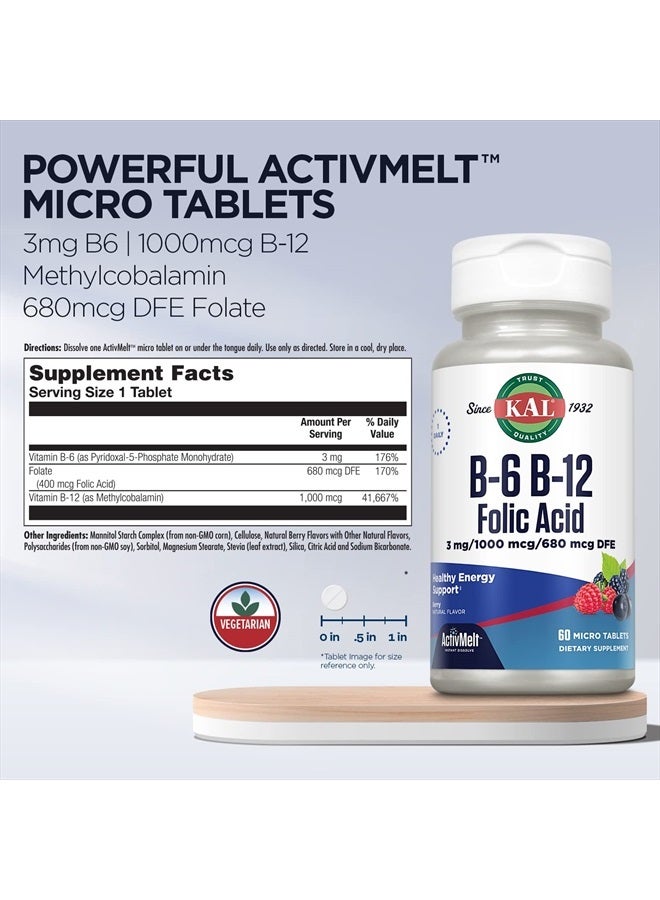 KAL Vitamin B-6, B-12 & Folic Acid Supplement, Heart Health, Energy & Red Blood Cell Support*, with Vitamin B12 Methylcobalamin & Folate, Natural Berry Flavor, 60 Servings, 60 ActivMelt Micro Tablets - Image 3