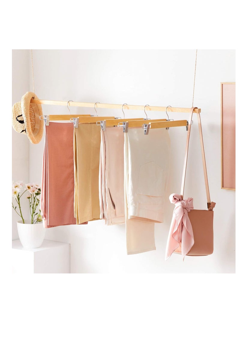 High-Grade Wooden Pants Hangers with Metal Clips, 20 Pack Solid Wood Skirt/Jeans Hangers, 360° Swivel Hook & Smooth Finish, Non-Slip Adjustable Grip for Slacks - Natural Wood - Image 2