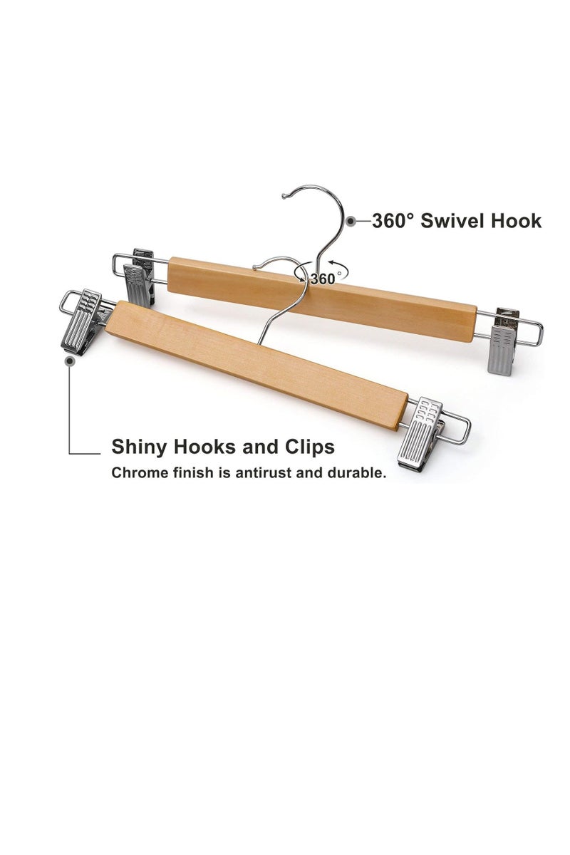 High-Grade Wooden Pants Hangers with Metal Clips, 20 Pack Solid Wood Skirt/Jeans Hangers, 360° Swivel Hook & Smooth Finish, Non-Slip Adjustable Grip for Slacks - Natural Wood - Image 5