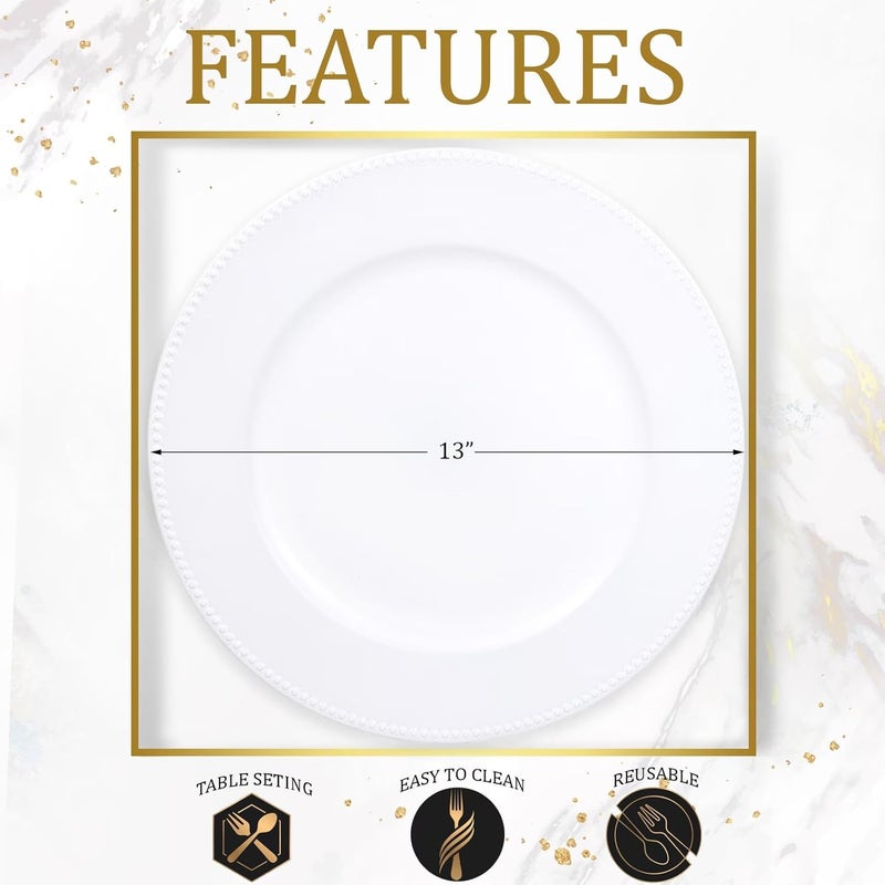 Leemxiiny Set of 12 White Charger Plates with Beaded 13 Reusable Plastic Table Chargers for Dinner Plates - Image 3
