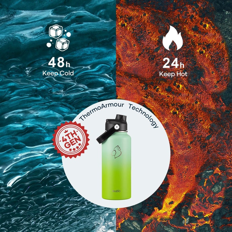 BUZIO 32oz Insulated Water Bottle, Triple Wall Vacuum Stainless Steel Water Flask with Straw Lid, BPA-Free Leakproof Sports Canteen for Sports Hiking, Cold 48H & Hot 24H- Gradient Green - Image 2