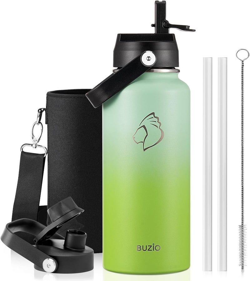 BUZIO 32oz Insulated Water Bottle, Triple Wall Vacuum Stainless Steel Water Flask with Straw Lid, BPA-Free Leakproof Sports Canteen for Sports Hiking, Cold 48H & Hot 24H- Gradient Green - Image 1