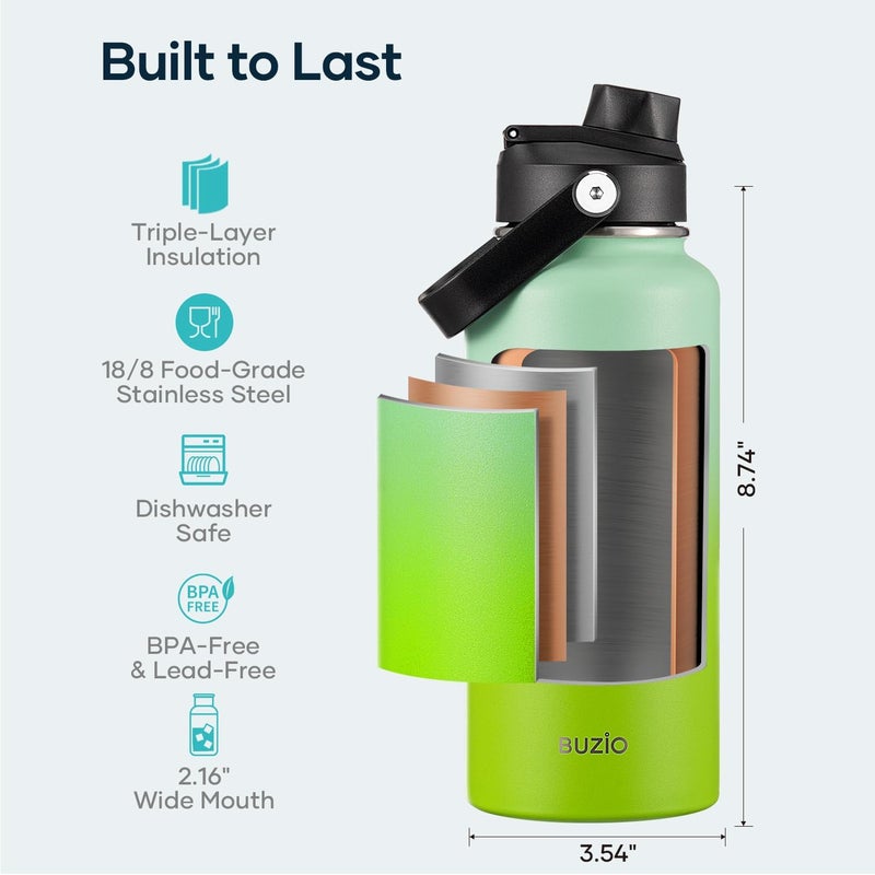 BUZIO 32oz Insulated Water Bottle, Triple Wall Vacuum Stainless Steel Water Flask with Straw Lid, BPA-Free Leakproof Sports Canteen for Sports Hiking, Cold 48H & Hot 24H- Gradient Green - Image 4