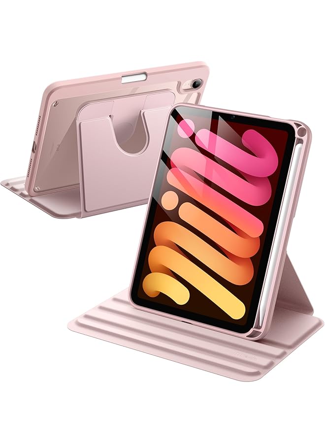 جي تيك حافظة دوارة لجهاز ايباد ميني (A17 Pro 2024 موديل الجيل السابع) ميني 6 (موديل 2021 الجيل السادس) مع حامل حماية يدور 360 درجة وظهر شفاف مع خاصية الاستيقاظ والنوم التلقائي (وردي) - Image 1