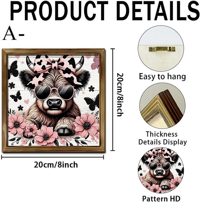 Cow Pictures - with Frame Cute Funny Farmhouse Rustic Decoration,Animals Collection Wall Art - for Living Room Bedroom Bathroom Office Home - Image 5