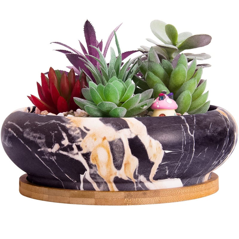 ARTKETTY Succulent Pots 73 Inch Large Succulent Planters with Drainage Ceramic Bonsai Pots with Tray Shallow Planters for Indoor Flower Plants Marble Cactus Planter Bowl