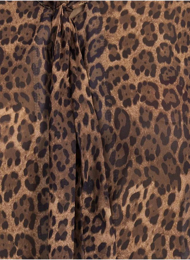 Styli Leopard Print Blouse with Tie-Up Neck