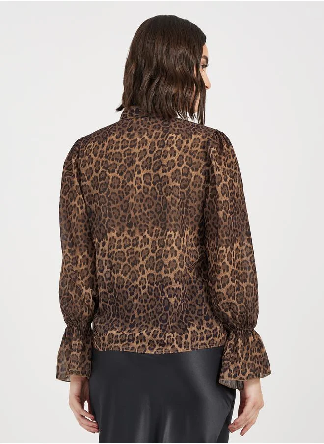 Styli Leopard Print Blouse with Tie-Up Neck