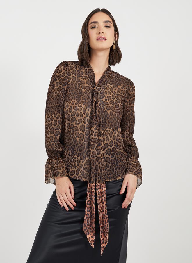 Styli Leopard Print Blouse with Tie-Up Neck  - Image 1