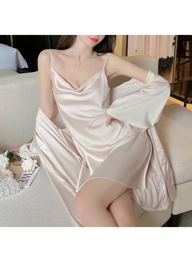 LANG SHA Langsha Women's Nightgown, Spring And Summer Sleepwear, Faux Silk Thin Style, Spaghetti Strap Two-piece Set, Home Wear, Pink, M - Image 4