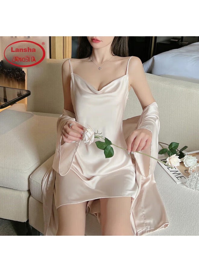 LANG SHA Langsha Women's Nightgown, Spring And Summer Sleepwear, Faux Silk Thin Style, Spaghetti Strap Two-piece Set, Home Wear, Pink, M - Image 1