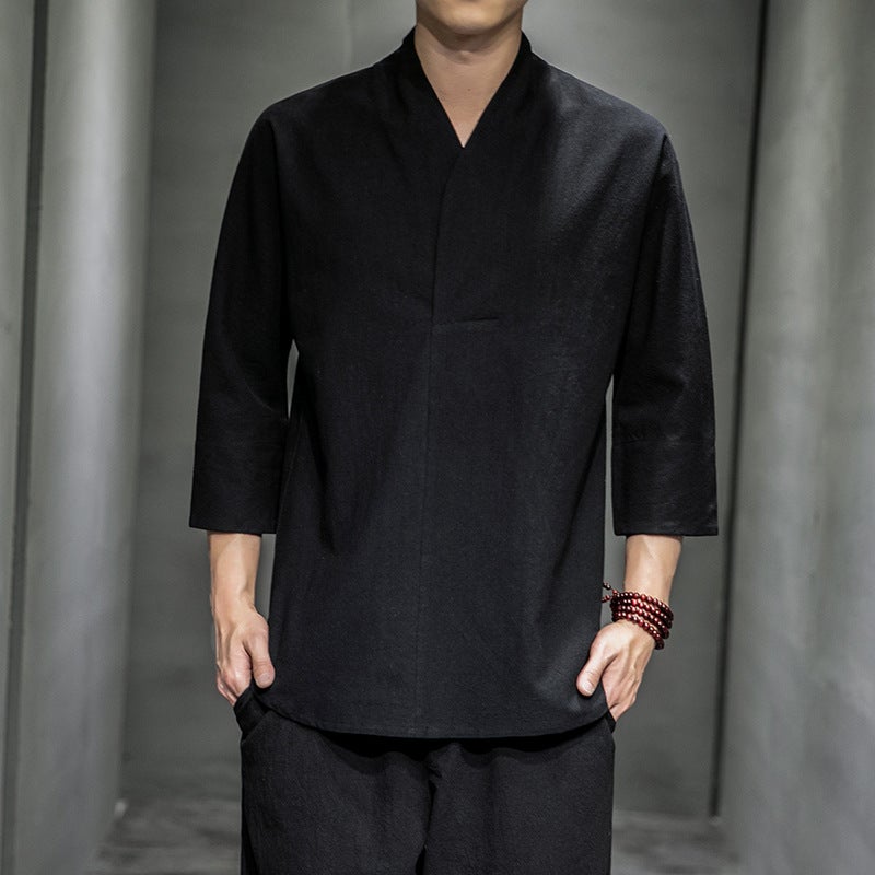 Summer 2023 Chinese Style Men's Cotton and Linen Seven-sleeve Short-sleeve T-shirt Japanese Style Casual Retro Large Size Solid Color T-shirt for Men - Image 1