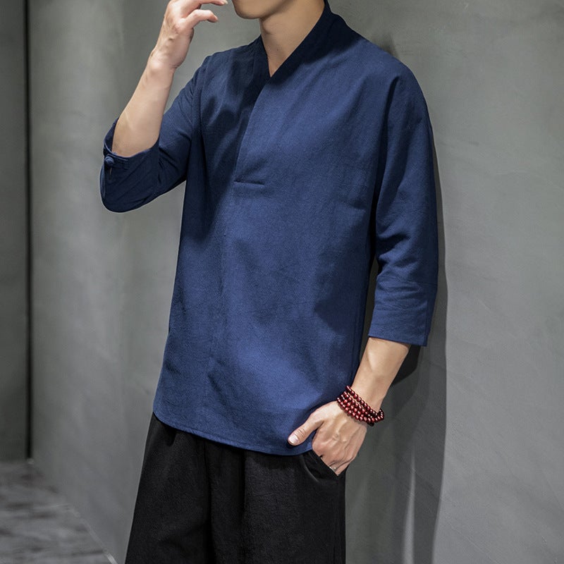 Summer 2023 Chinese Style Men's Cotton and Linen Seven-sleeve Short-sleeve T-shirt Japanese Style Casual Retro Large Size Solid Color T-shirt for Men - Image 5