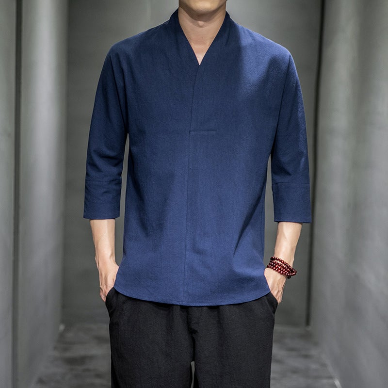 Summer 2023 Chinese Style Men's Cotton and Linen Seven-sleeve Short-sleeve T-shirt Japanese Style Casual Retro Large Size Solid Color T-shirt for Men - Image 2