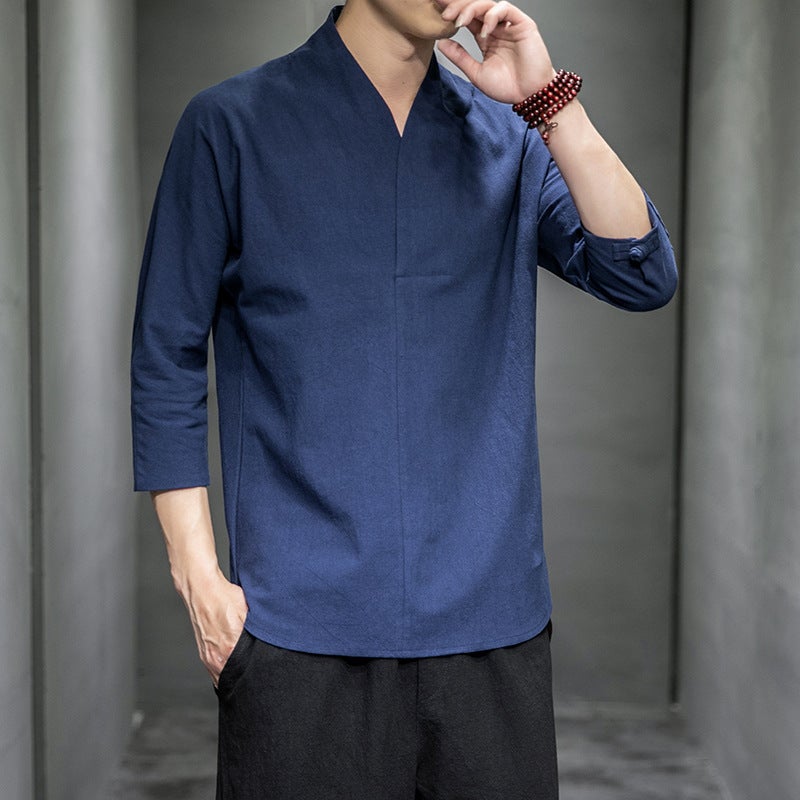 Summer 2023 Chinese Style Men's Cotton and Linen Seven-sleeve Short-sleeve T-shirt Japanese Style Casual Retro Large Size Solid Color T-shirt for Men - Image 4