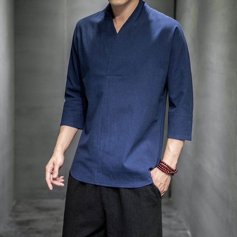 Summer 2023 Chinese Style Men's Cotton and Linen Seven-sleeve Short-sleeve T-shirt Japanese Style Casual Retro Large Size Solid Color T-shirt for Men - Image 3