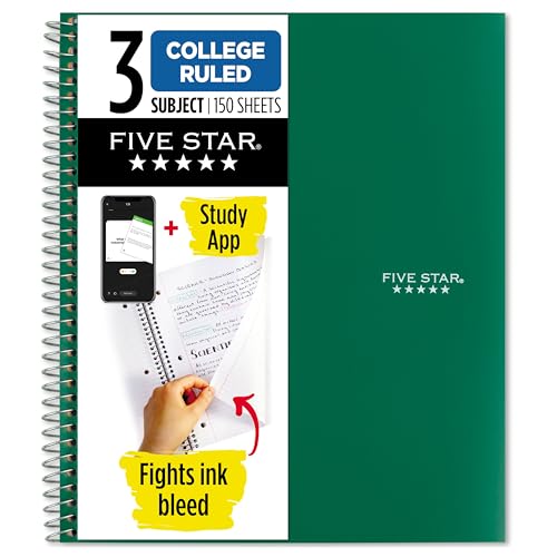 Five Star Spiral Notebook + Study App, 3 Subject, College Ruled Paper, Fights Ink Bleed, Water Resistant Cover, 8-1/2" x 11", 150 Sheets, Green (72067) - Image 1