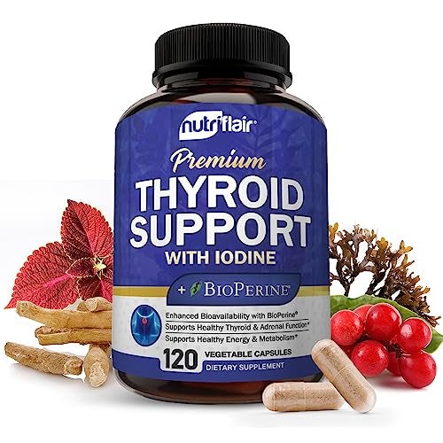NutriFlair Thyroid Support Complex 120 Capsules with Iodine Black Pepper Ashwagandha Vitamin B12 Thyroid Supplement for Women and Men