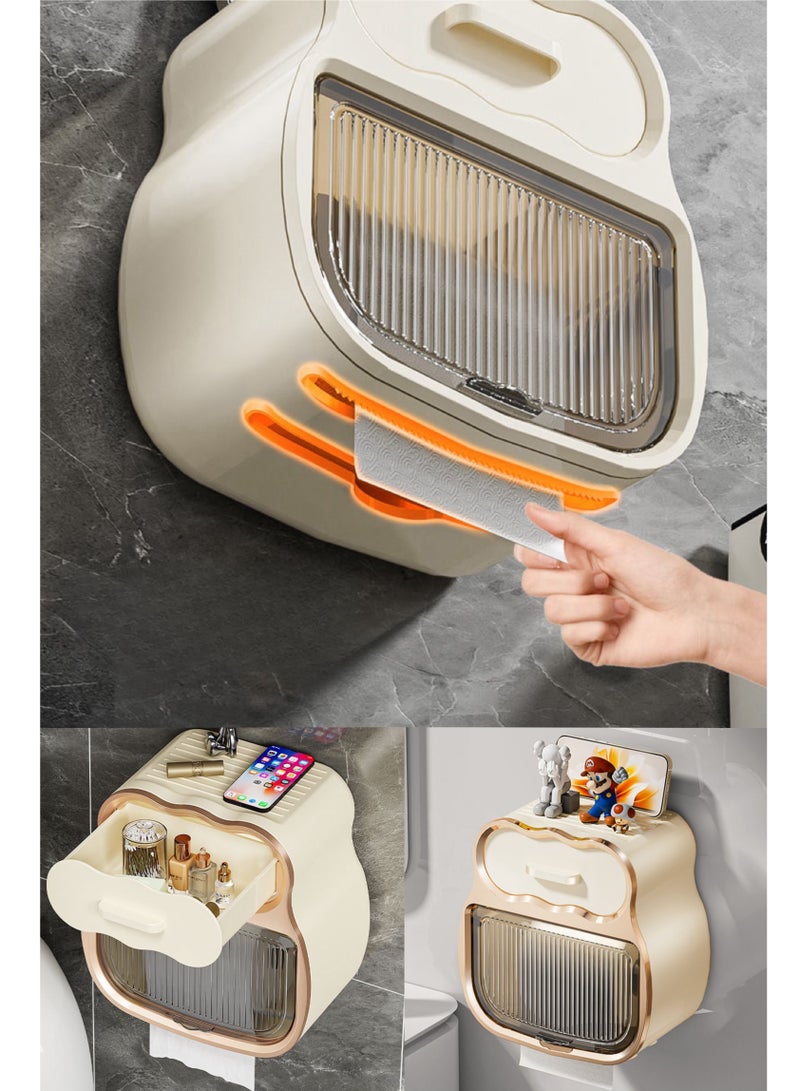 Multifunctional household toilet paper holder with storage, wall-mounted paper roll box, self-adhesive tissue storage box with bathroom shelf, dustproof and waterproof roll paper towel holder - Image 3