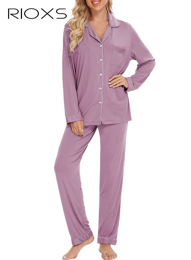 RIOXS Women's Pink Pajama Set, Collared Sleepwear 2-Piece Outfit, Long Sleeve Button-Down Pajamas with Pockets, Soft Loungewear Set with White Piping and Drawstring Waist, Cozy Nightwear for Women - Image 4