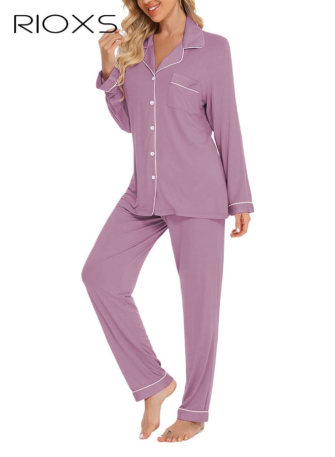 RIOXS Women's Pink Pajama Set, Collared Sleepwear 2-Piece Outfit, Long Sleeve Button-Down Pajamas with Pockets, Soft Loungewear Set with White Piping and Drawstring Waist, Cozy Nightwear for Women - Image 2