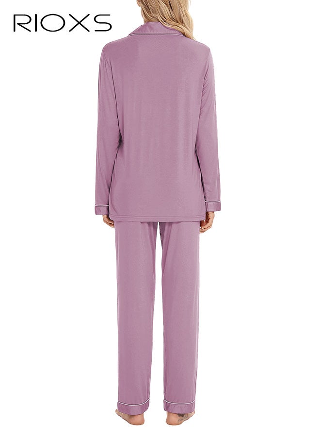 RIOXS Women's Pink Pajama Set, Collared Sleepwear 2-Piece Outfit, Long Sleeve Button-Down Pajamas with Pockets, Soft Loungewear Set with White Piping and Drawstring Waist, Cozy Nightwear for Women - Image 3