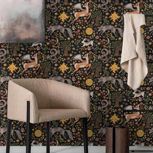 MuralPeel Dark Black Animals Sun Moon Wolf Rabbit Vintage Peel and Stick Wallpaper Self Adhesive Removable Easy Peel Off Contact Paper Stick on Wall Paper for Bedroom Cabinet Renter Friendly - Image 3