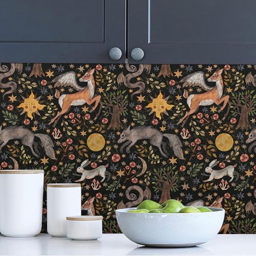 MuralPeel Dark Black Animals Sun Moon Wolf Rabbit Vintage Peel and Stick Wallpaper Self Adhesive Removable Easy Peel Off Contact Paper Stick on Wall Paper for Bedroom Cabinet Renter Friendly - Image 2