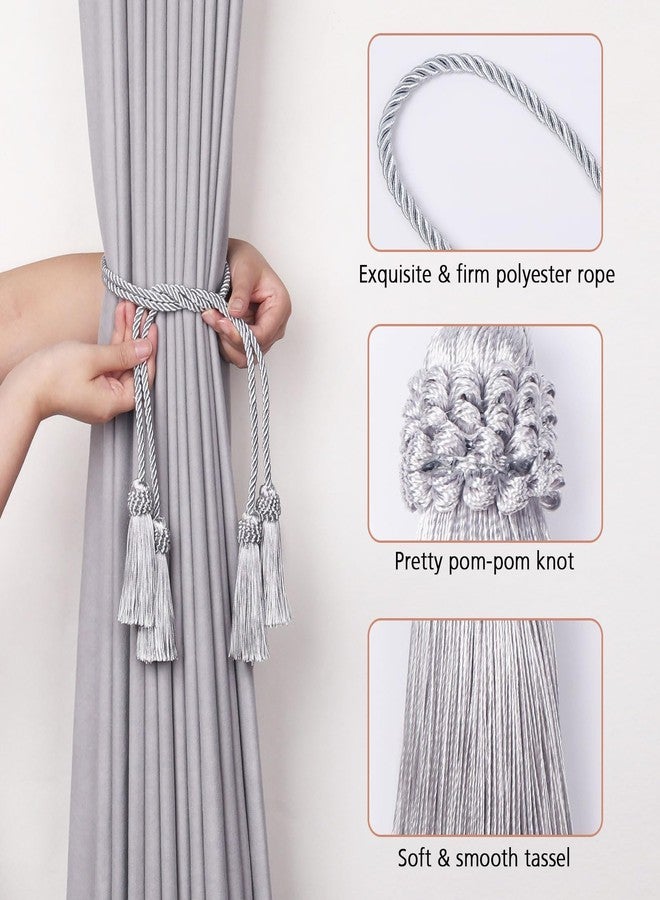 NICEEC 4 Pack Double-Ended Tassel Curtain Tiebacks European Style Decorative Drape Tie Backs Elegant Handmade Braided Rope Knot Curtain Holdbacks for Home & Office Window Drapery (Silver Grey) - Image 2