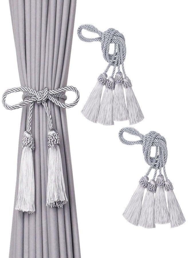 NICEEC 4 Pack Double-Ended Tassel Curtain Tiebacks European Style Decorative Drape Tie Backs Elegant Handmade Braided Rope Knot Curtain Holdbacks for Home & Office Window Drapery (Silver Grey) - Image 1