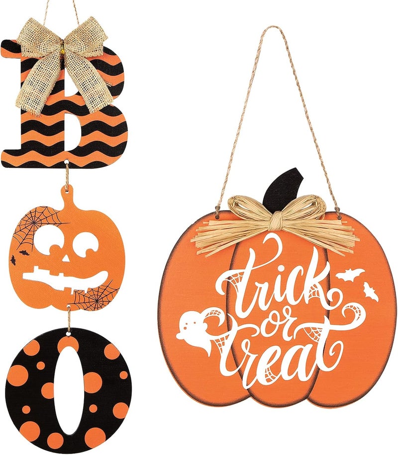 Sophena 2 Pieces Halloween Decoration Boo Wood Door Wall Signs Trick or Treat, Pumpkin Sign for Home Halloween Party Front Door Outdoor Supply Decoration - Image 1