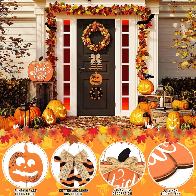 Sophena 2 Pieces Halloween Decoration Boo Wood Door Wall Signs Trick or Treat, Pumpkin Sign for Home Halloween Party Front Door Outdoor Supply Decoration - Image 3