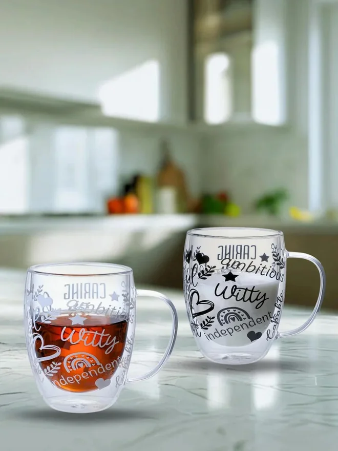 1Chase 1CHASE Set of 2 - Borosilicate Positive Quote Printed Double Wall Glass Cup, 50ml