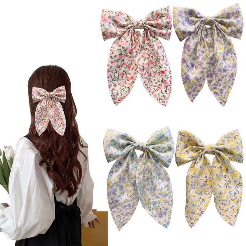 SALOCY Chiffon Hair Bows for Women Girls4 PCS Barrette Hair Clip Long Black Ribbon Bows French Style Hair Accessories for Summer PinkYellowBluePurple