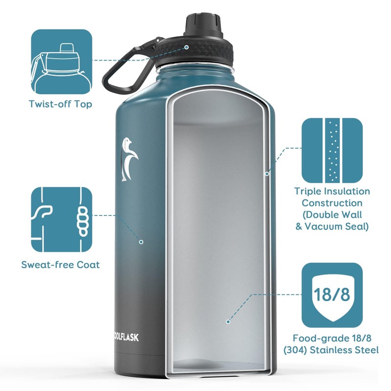 Coolflask 128 oz Gallon Water Bottle Insulated with Straw&3 Lids, Water Jug Large Stainless Steel Metal Vacuum Wide Mouth for Sports, Gym or Office, Non-BPA Keep Cold 48H Hot 24H, Samurai Cyan - Image 2