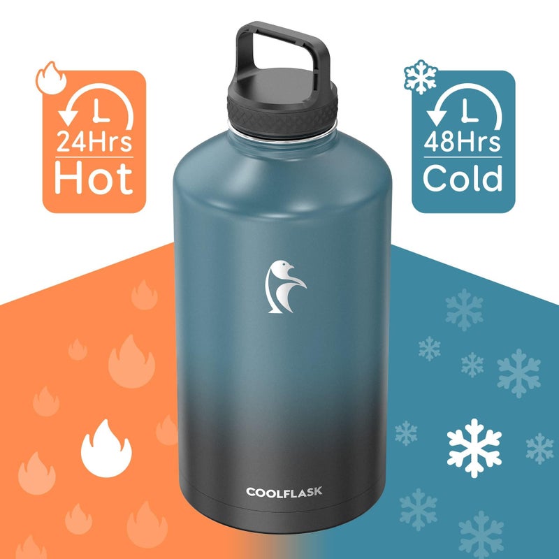 Coolflask 128 oz Gallon Water Bottle Insulated with Straw&3 Lids, Water Jug Large Stainless Steel Metal Vacuum Wide Mouth for Sports, Gym or Office, Non-BPA Keep Cold 48H Hot 24H, Samurai Cyan - Image 3