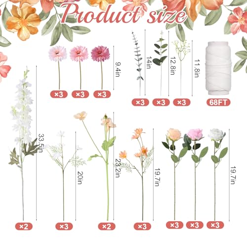 Foxtell 38 Pcs DIY Artificial Wildflower Garland Hanging Flowers Set Chrysanthemum Rose Eucalyptus Daisy Larkspur Flower Garlands Hanging Spring Wildflower Garlands for Baby's Breath Wedding - Image 2
