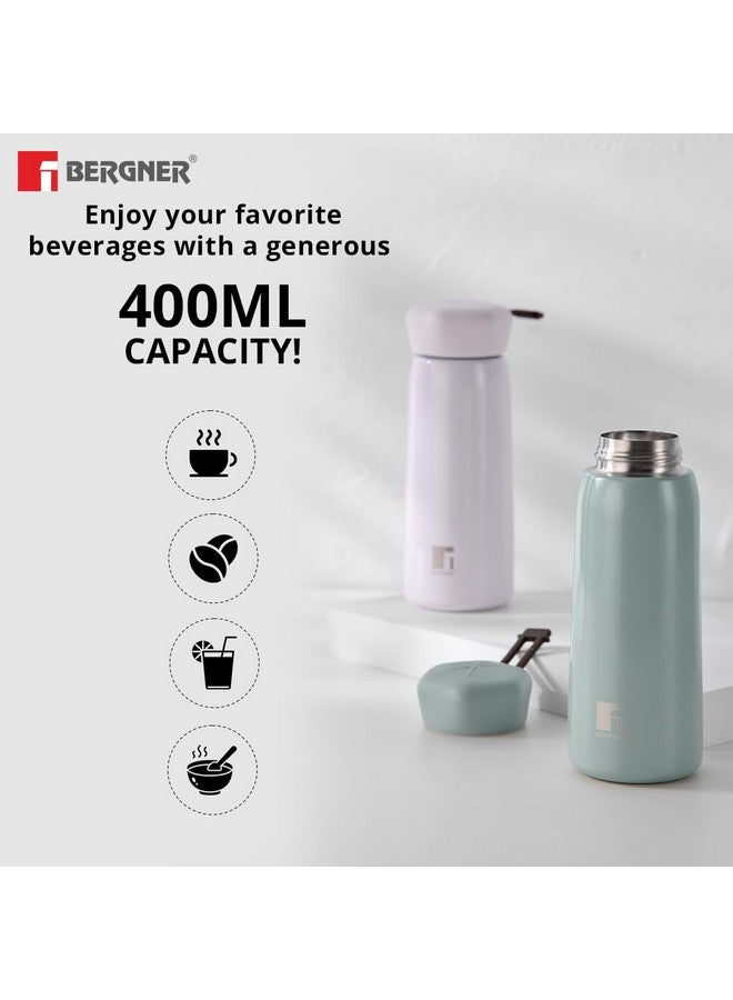 BERGNER زجاجة/فلاسكة برغنر سعة 400 مل من الفولاذ الحراري، ساخن/بارد، معزولة بالفراغ، للماء/القهوة/الشاي/الحساء/العصير، للاستخدام في المكتب/التنقل/الرياضة/السفر، غطاء واسع معزول، أخضر/رغوة البحر، مقاومة للصدأ/التسرب - Image 2