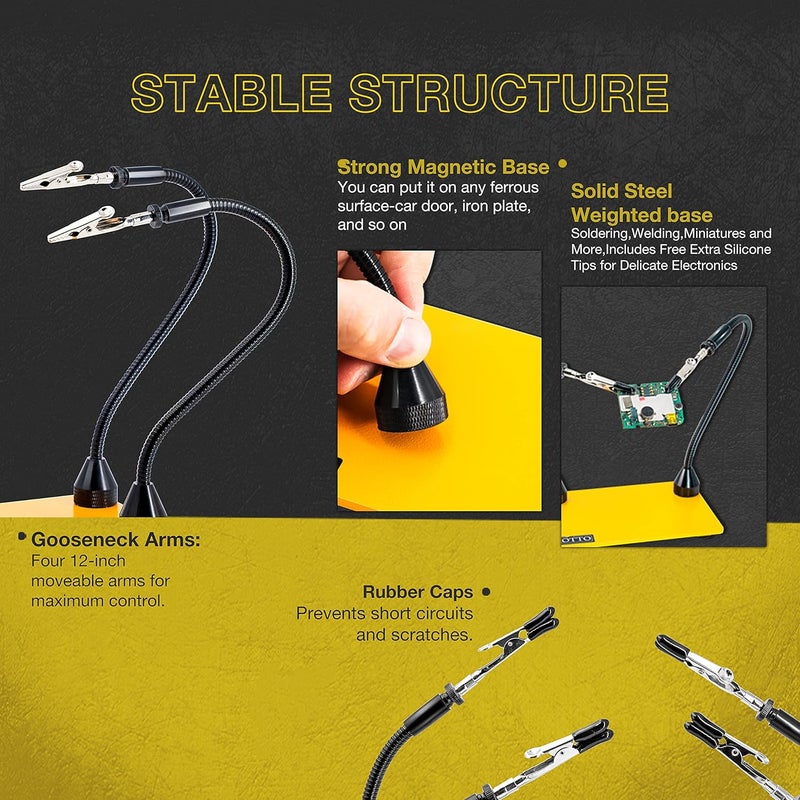 KOTTO Third Hand Soldering Tool PCB Holder Two Magnetic Based Flexible Metal Arms Helping Hands Crafts Jewelry Hobby Workshop Helping Station Non-Slip Steel Weighted Base - Image 2