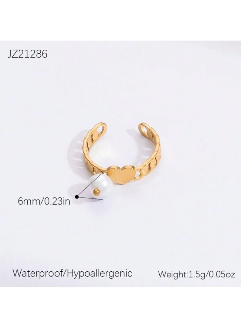 إيكوال خاتم نسائي من الاستانلس ستيل مطلي باللون الذهبي ومزيّن بلؤلؤ طبيعي بمقاس موحد - Image 4