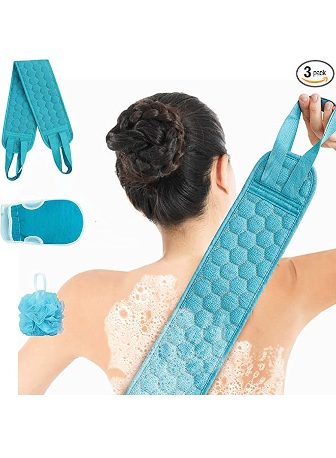 3Pcs Exfoliating Body Scrubber Set - Includes Back Washer , Bath Glove and Shower Bath Sponge Loofah - For Women and Men Shower Long Strip Back Rubbing Towel Deep Clean and Vitalize Your Skin Blue  - Image 1
