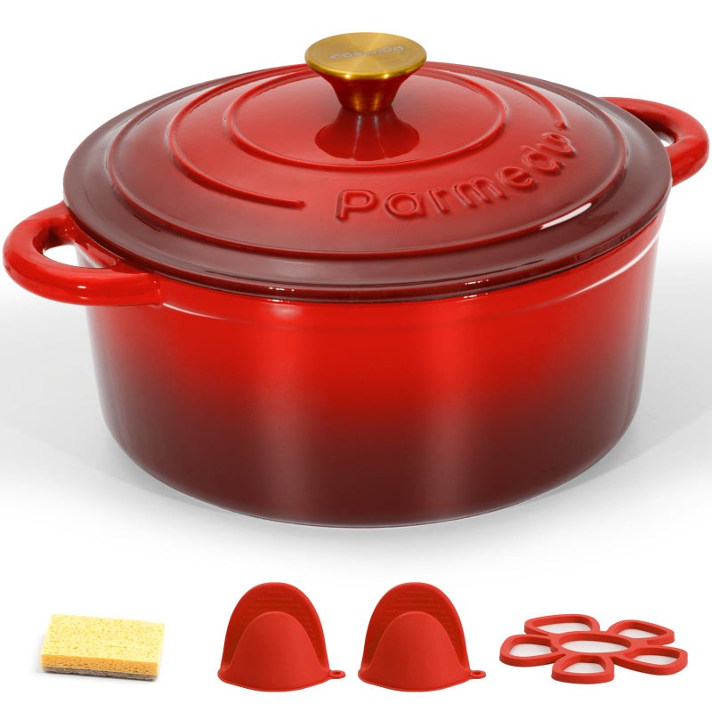 Parmedu 5.5QT Enameled Cast Iron Dutch Oven with Lid, Red Heavy Duty Pot for Sourdough, Bread Baking, Soup, Stews & Roasting with Recipe, Heat-Resistant Grips, Potholder, Cleaning Sponge - Image 1