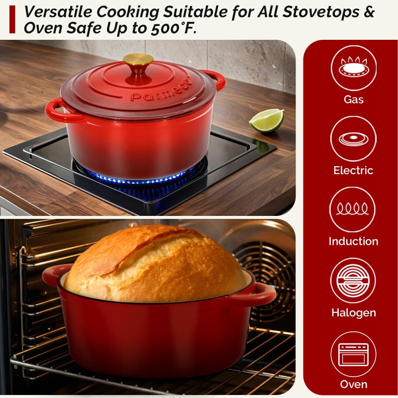Parmedu 5.5QT Enameled Cast Iron Dutch Oven with Lid, Red Heavy Duty Pot for Sourdough, Bread Baking, Soup, Stews & Roasting with Recipe, Heat-Resistant Grips, Potholder, Cleaning Sponge - Image 4