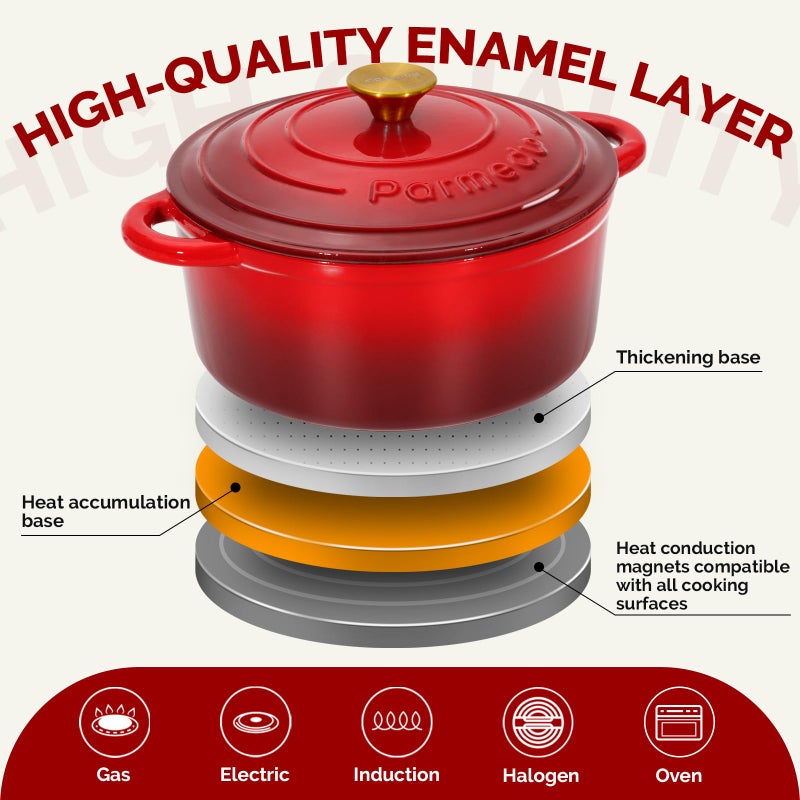 Parmedu 5.5QT Enameled Cast Iron Dutch Oven with Lid, Red Heavy Duty Pot for Sourdough, Bread Baking, Soup, Stews & Roasting with Recipe, Heat-Resistant Grips, Potholder, Cleaning Sponge - Image 3